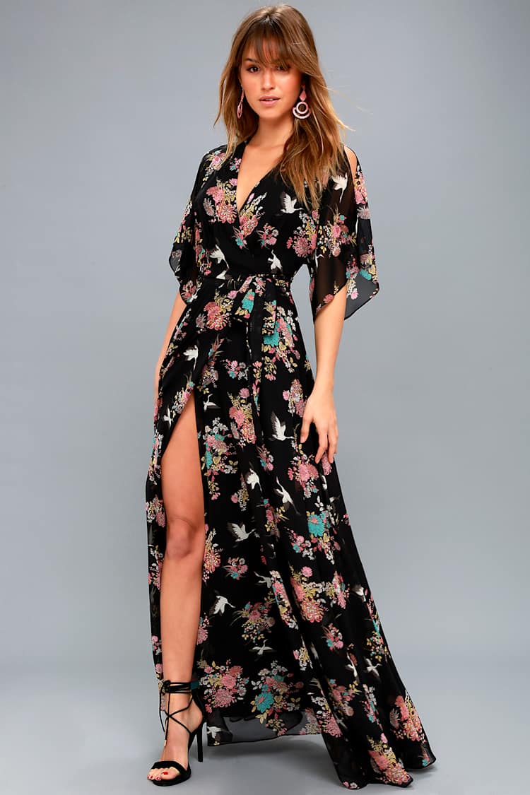 chinese dress ladies Black Floral 3/4 Sleeve Wrap Maxi Dress
