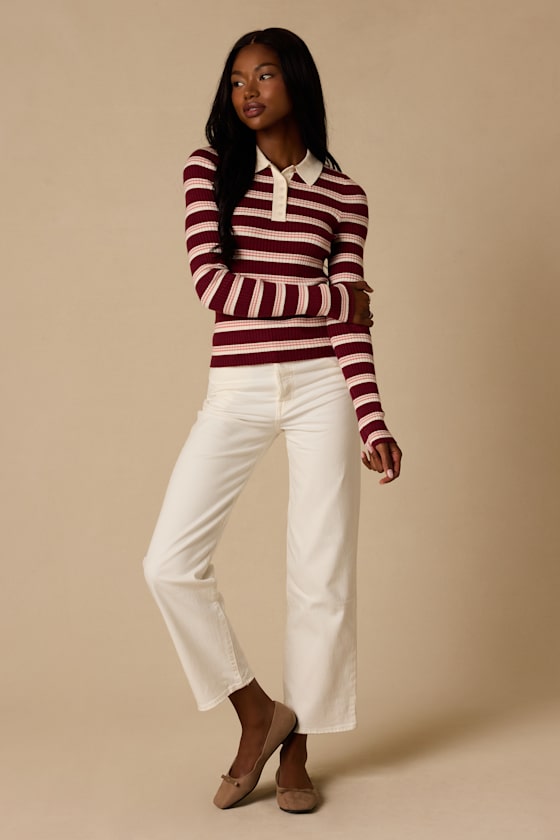 Opal Burgundy and Pink Striped Ribbed Knit Collar Top - thumbnail 3