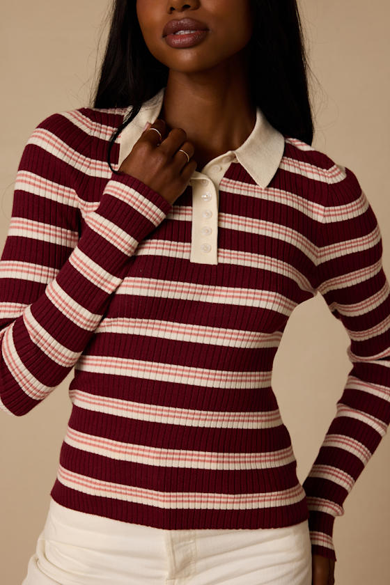 Opal Burgundy and Pink Striped Ribbed Knit Collar Top - thumbnail 4