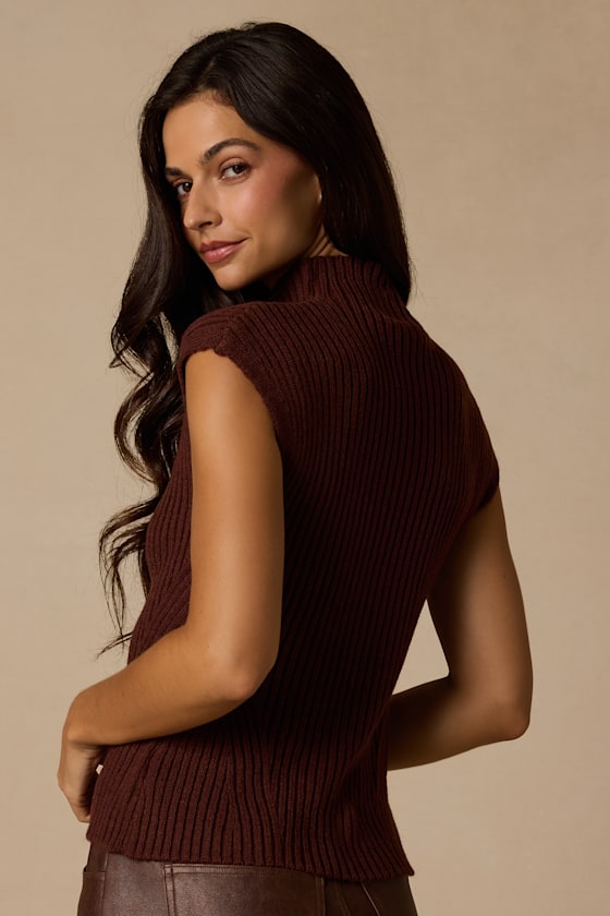 Lecosha Brown Ribbed Knit Cap Sleeve Sweater Top - thumbnail 3