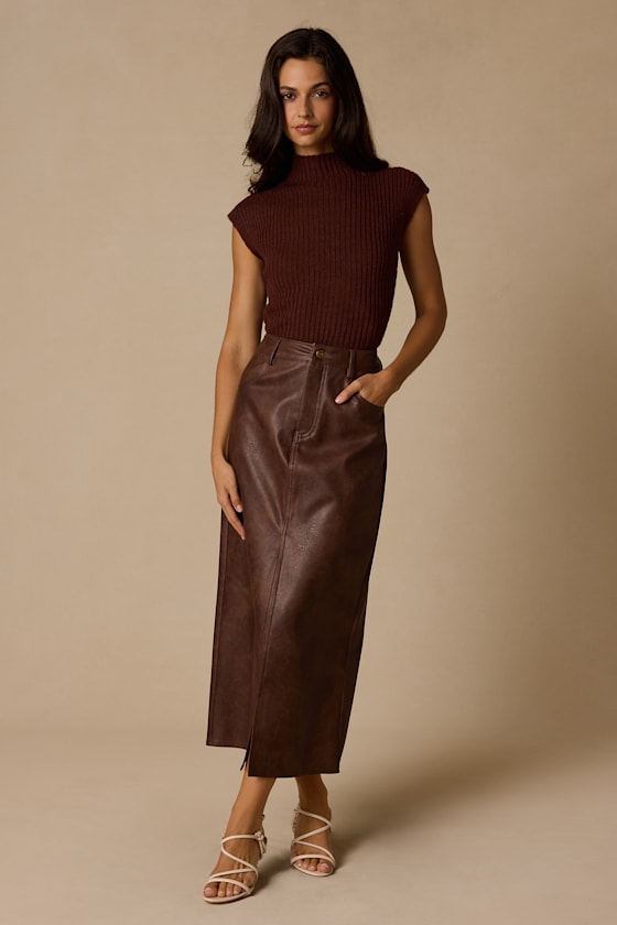 Lecosha Brown Ribbed Knit Cap Sleeve Sweater Top - thumbnail 4
