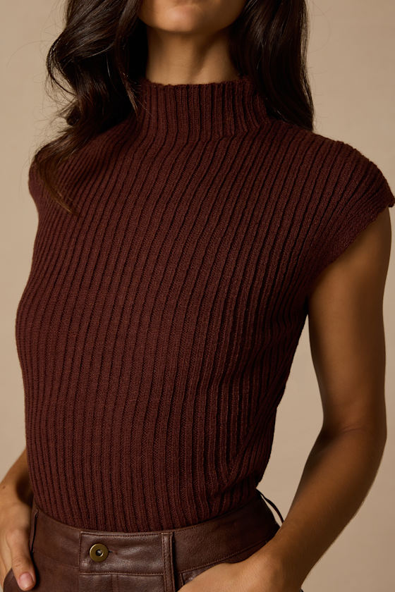 Lecosha Brown Ribbed Knit Cap Sleeve Sweater Top - thumbnail 5