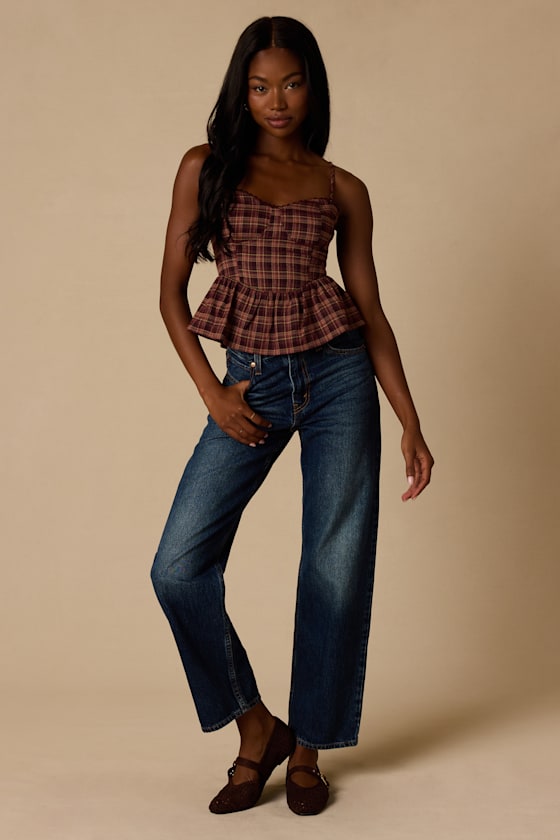 Burgundy Plaid Top - Plaid Bustier Top - Peplum Hem Top - Top - Lulus