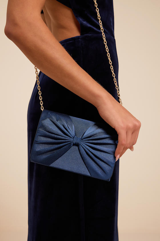 Carmelita Navy Blue Satin Bow Clutch - thumbnail 3
