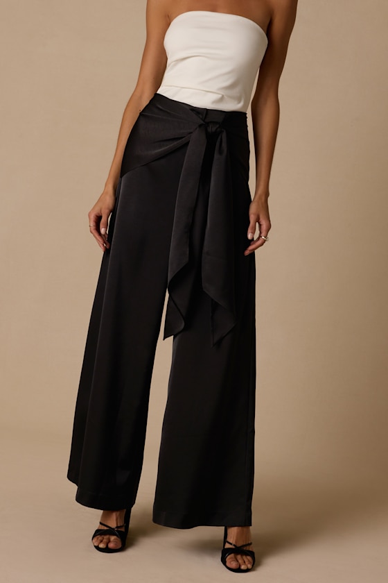 Ivaya Black Satin Sash Wide-Leg Pants - thumbnail 5