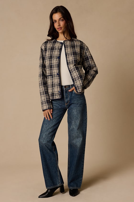 Norma Beige and Navy Plaid Quilted Jacket - thumbnail 4