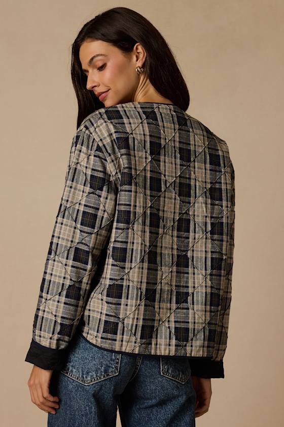 Norma Beige and Navy Plaid Quilted Jacket - thumbnail 5