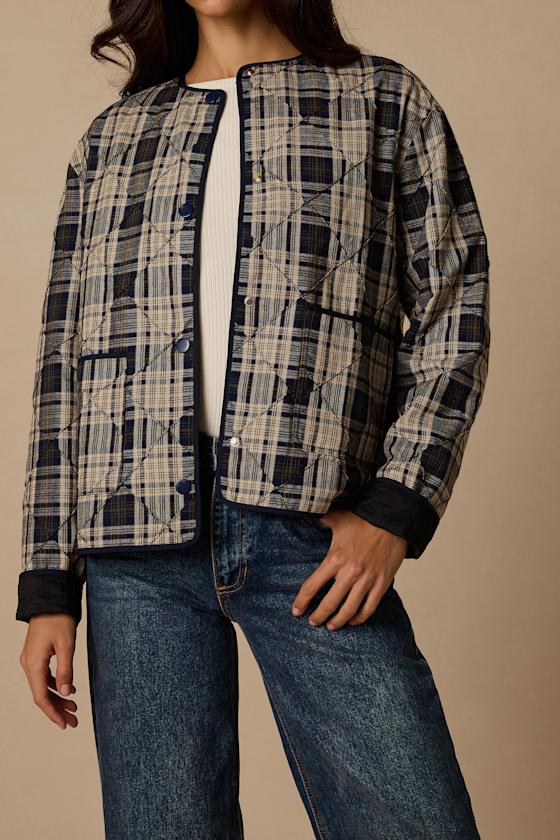 Norma Beige and Navy Plaid Quilted Jacket - thumbnail 6