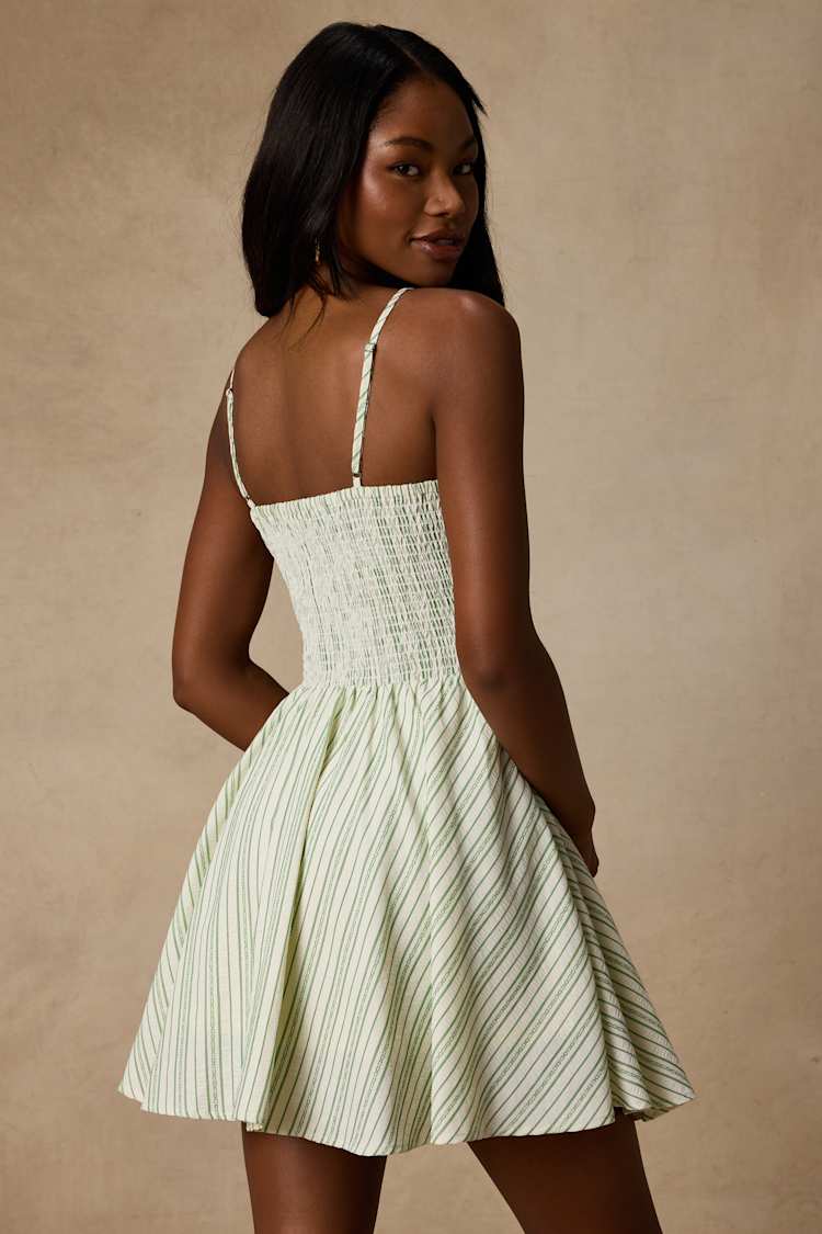 Lulus | White and Green Striped Skater Mini Dress | Womens | Large (Available in S, M)