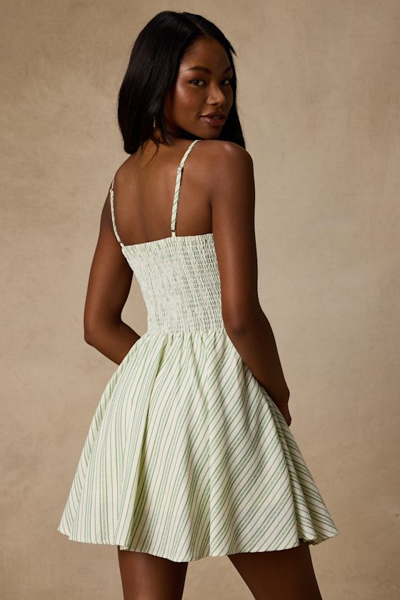 Sandy White and Green Striped Skater Mini Dress 2