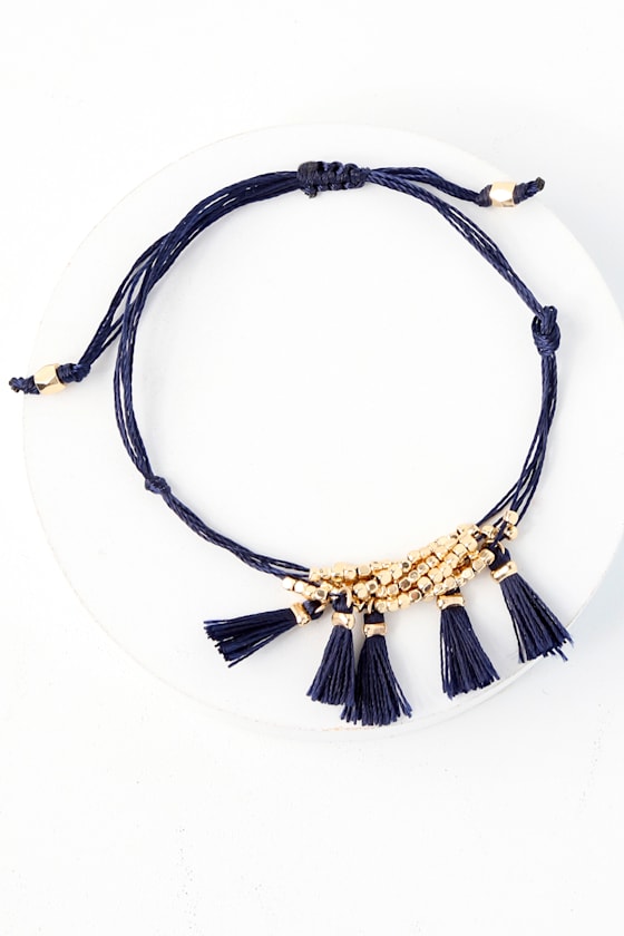 Boho Gold and Navy Blue Bracelet Beaded Tassel Bracelet Lulus
