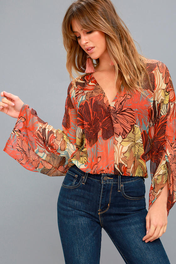 Perfect in Paradise Sheer Orange Floral Print Top 3
