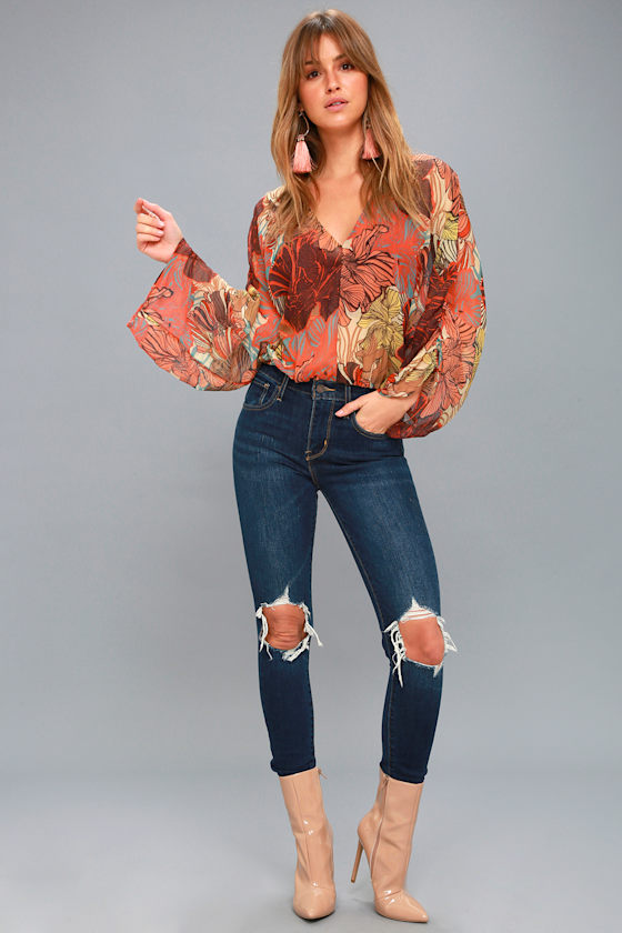 Perfect in Paradise Sheer Orange Floral Print Top 2