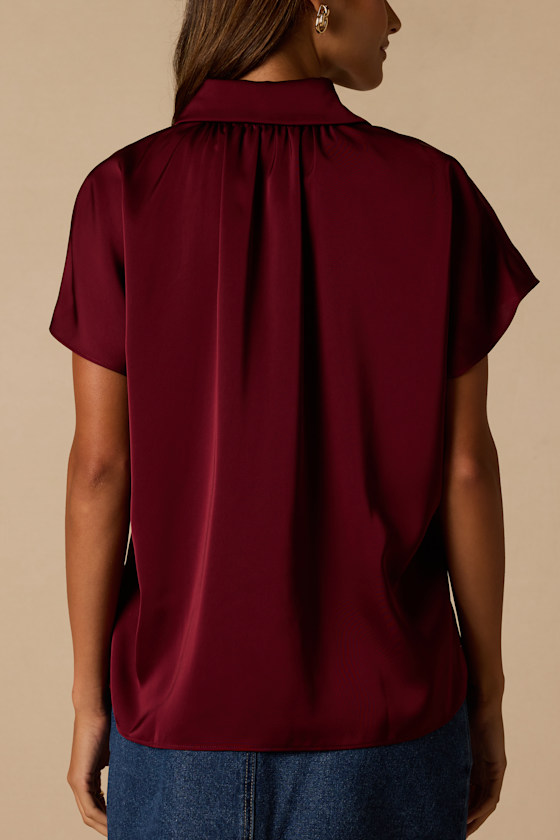 Dena Burgundy Satin Button-Up Top - thumbnail 3