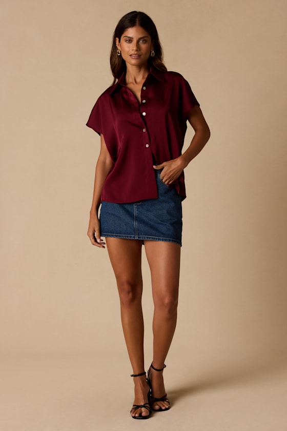 Dena Burgundy Satin Button-Up Top - thumbnail 4