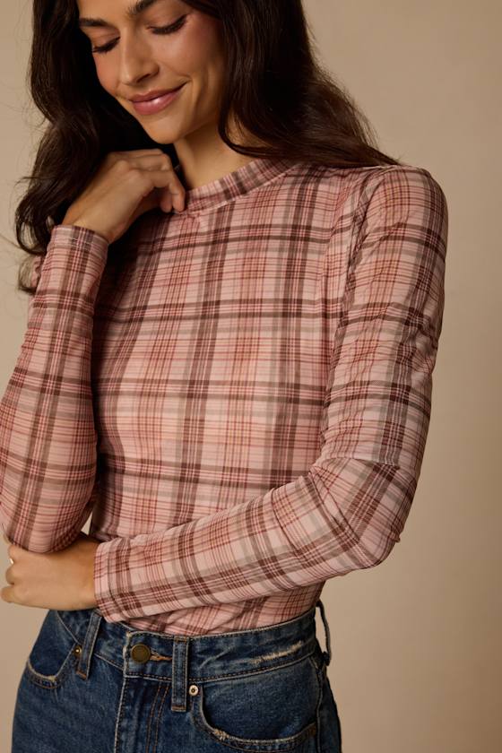 Autumn Pink Plaid Mesh Long Sleeve Top - thumbnail 4