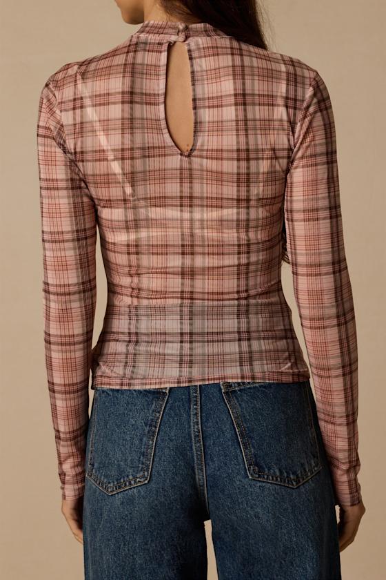 Autumn Pink Plaid Mesh Long Sleeve Top - thumbnail 5