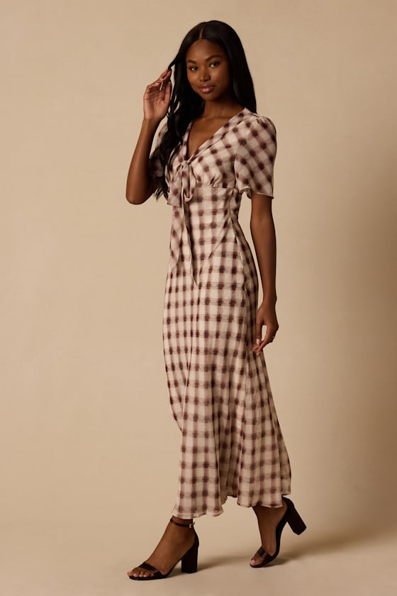 Montebello Brown & Ivory Plaid Maxi Dress - thumbnail 5