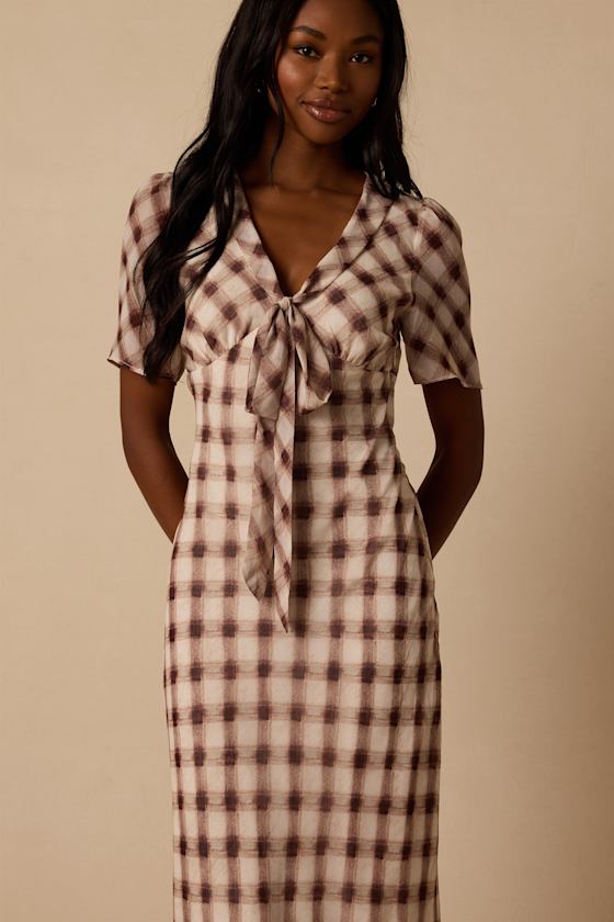 Montebello Brown & Ivory Plaid Maxi Dress - thumbnail 6