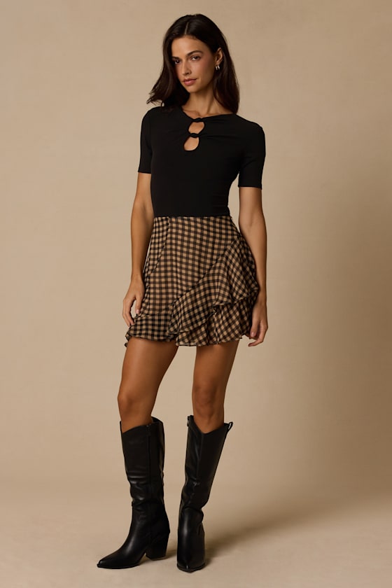 Noelle Tan and Black Gingham Ruffled Mini Skirt - thumbnail 4