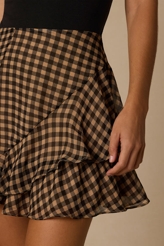 Noelle Tan and Black Gingham Ruffled Mini Skirt - thumbnail 5
