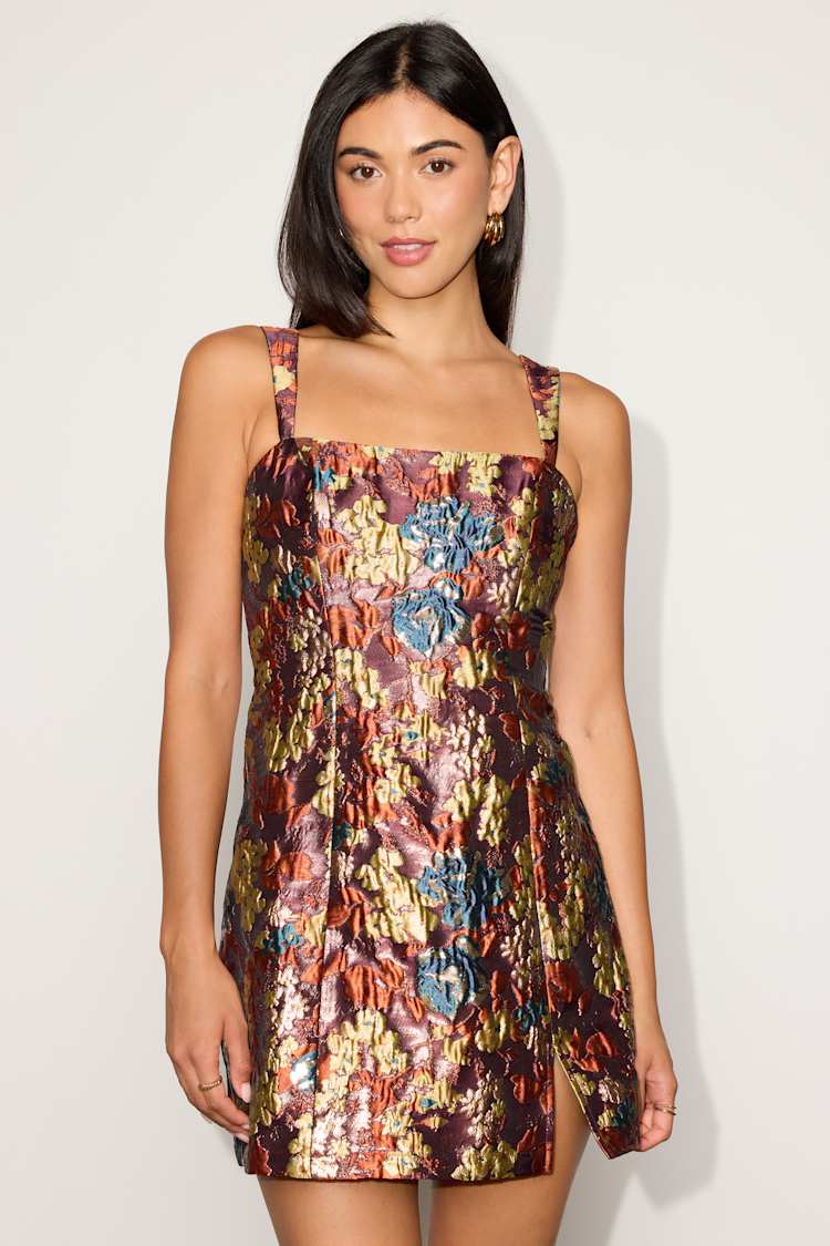 burgundy and gold short dress Floral Mini - Floral Mini Dress - Jacquard Dress Designers: Andrea and Leo