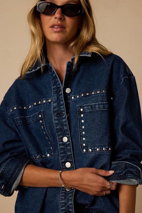 Norton Dark Wash Studded Oversized Denim Jacket - thumbnail 2