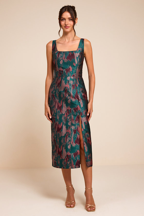 Teal Jacquard Dress - Abstract Midi Dress - Column Midi Dress - Lulus