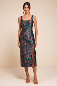 Diani Teal Abstract Jacquard Column Midi Dress 1