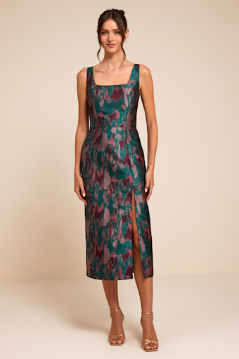 Diani Teal Abstract Jacquard Column Midi Dress 1