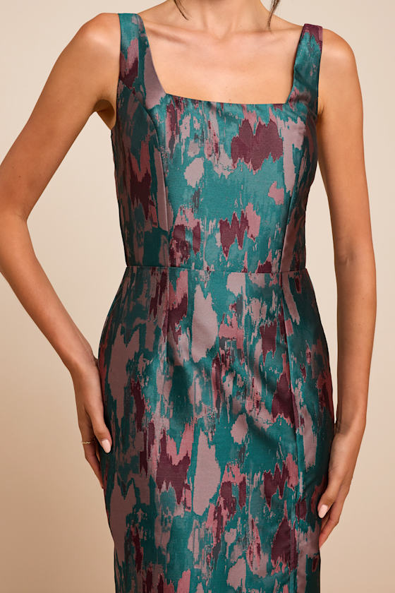 Diani Teal Abstract Jacquard Column Midi Dress 2