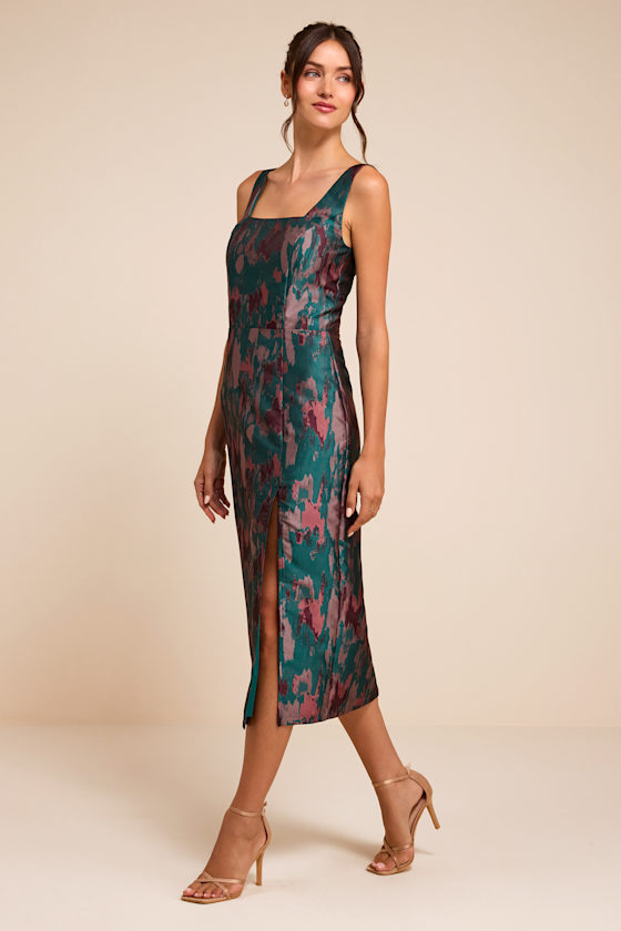 Diani Teal Abstract Jacquard Column Midi Dress - thumbnail 4