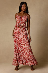 Aleni Rust Floral Print Maxi Skirt 1