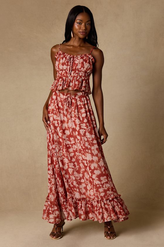Aleni Rust Floral Print Maxi Skirt 1