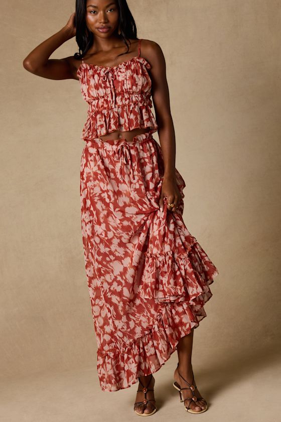Aleni Rust Floral Print Maxi Skirt - thumbnail 4