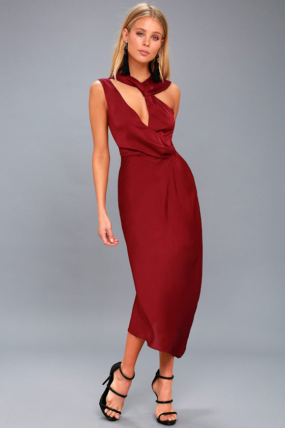Keepsake Transcend Wine Red Midi Dress Asymmetrical Dress Lulus