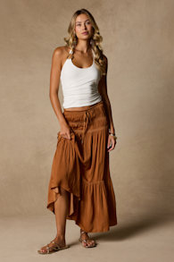 Goldie Light Brown Ruched Midi Skirt 1