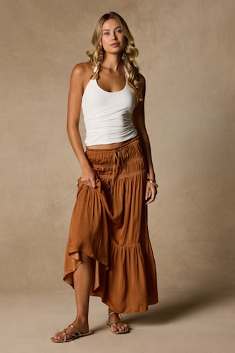 Goldie Light Brown Ruched Midi Skirt 1