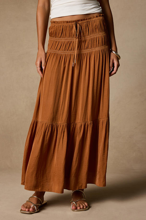 Goldie Light Brown Ruched Midi Skirt 2