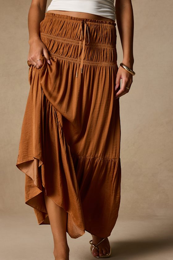 Goldie Light Brown Ruched Midi Skirt - thumbnail 5