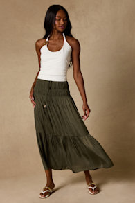 Goldie Olive Ruched Midi Skirt 1