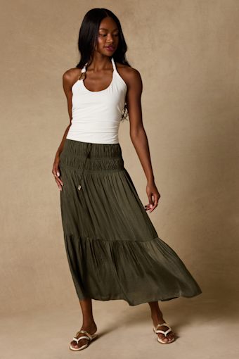 Goldie Olive Ruched Midi Skirt 1