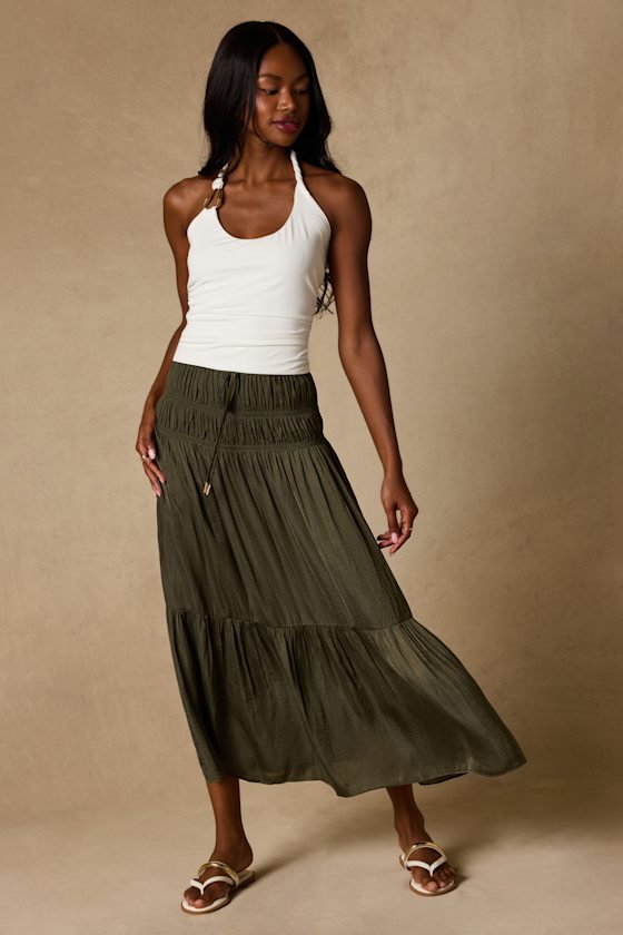 Goldie Olive Ruched Midi Skirt 1