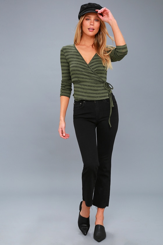 Ad-Lib Olive Green Striped Long Sleeve Wrap Top