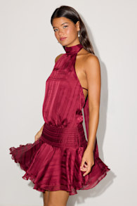Cass Wine Red Striped Satin Drop Waist Mini Dress 1