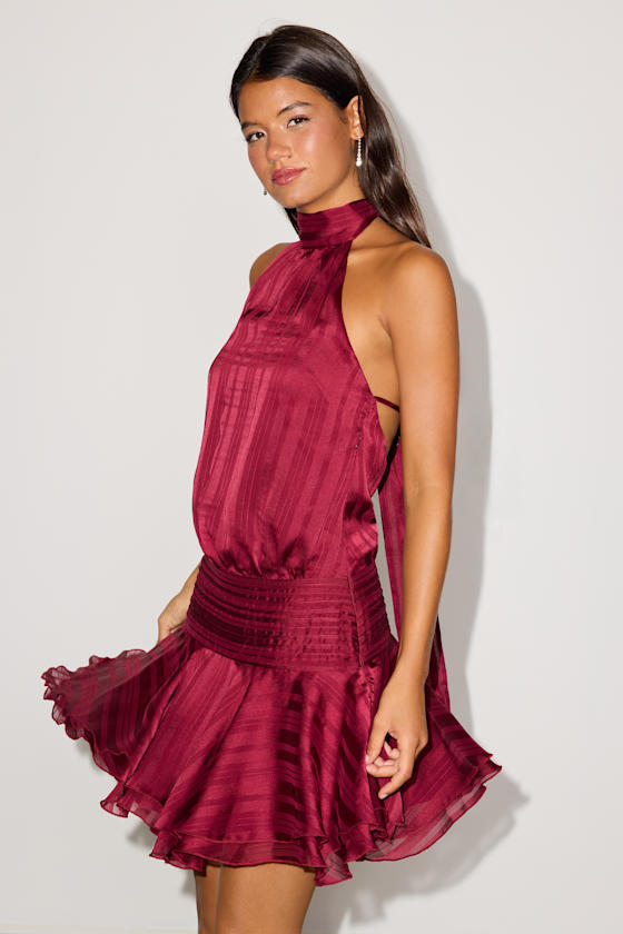 Cass Wine Red Striped Satin Drop Waist Mini Dress 1