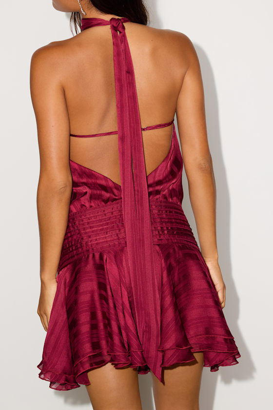 Cass Wine Red Striped Satin Drop Waist Mini Dress 2