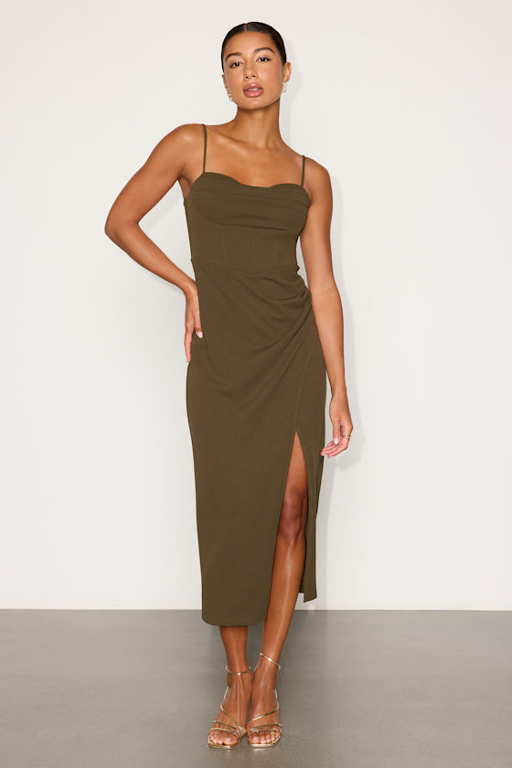 Always Turning Heads Olive Bustier Tulip Midi Dress 2