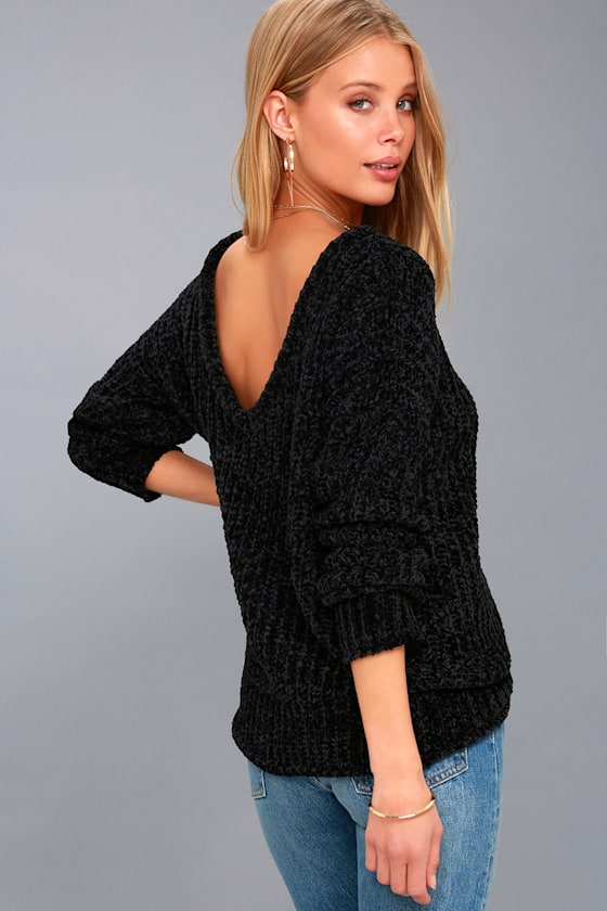 Cute Black Sweater Chenille Knit Sweater VBack Sweater Lulus