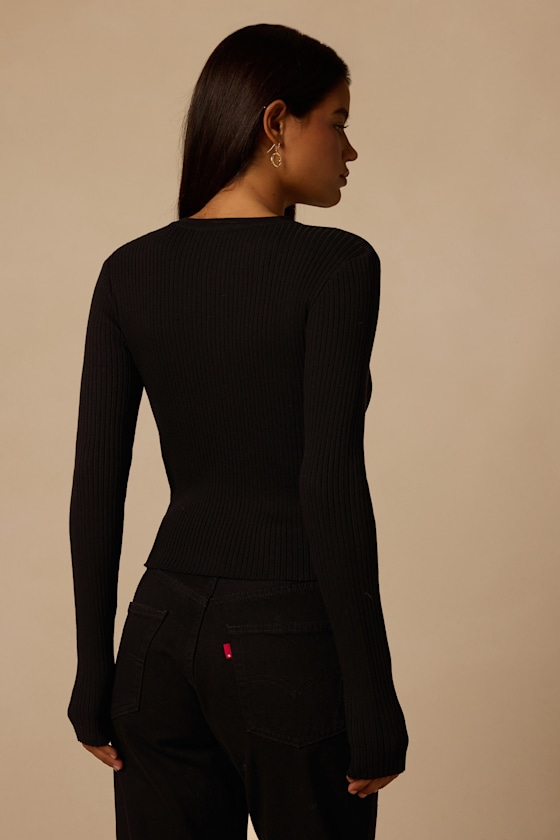 Toronto Black Ribbed Button-Up Sweater Top 2